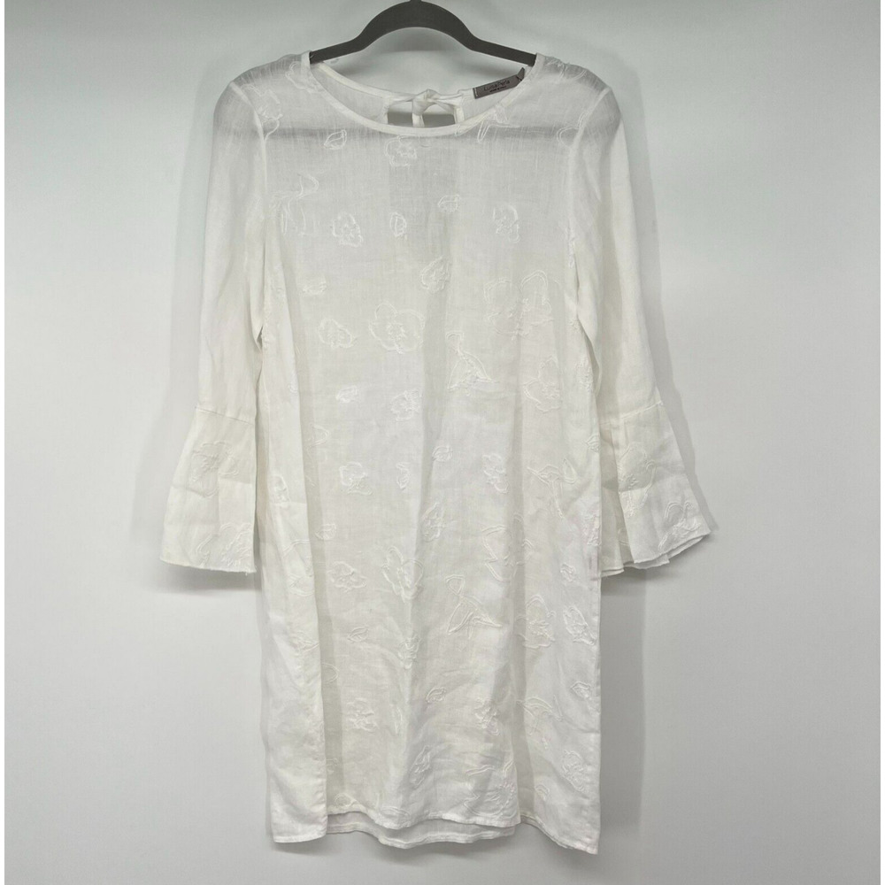Luisa Perla Mini Dress Sz M White Embroidered Bell Sleeves Round Neck Keyhole
